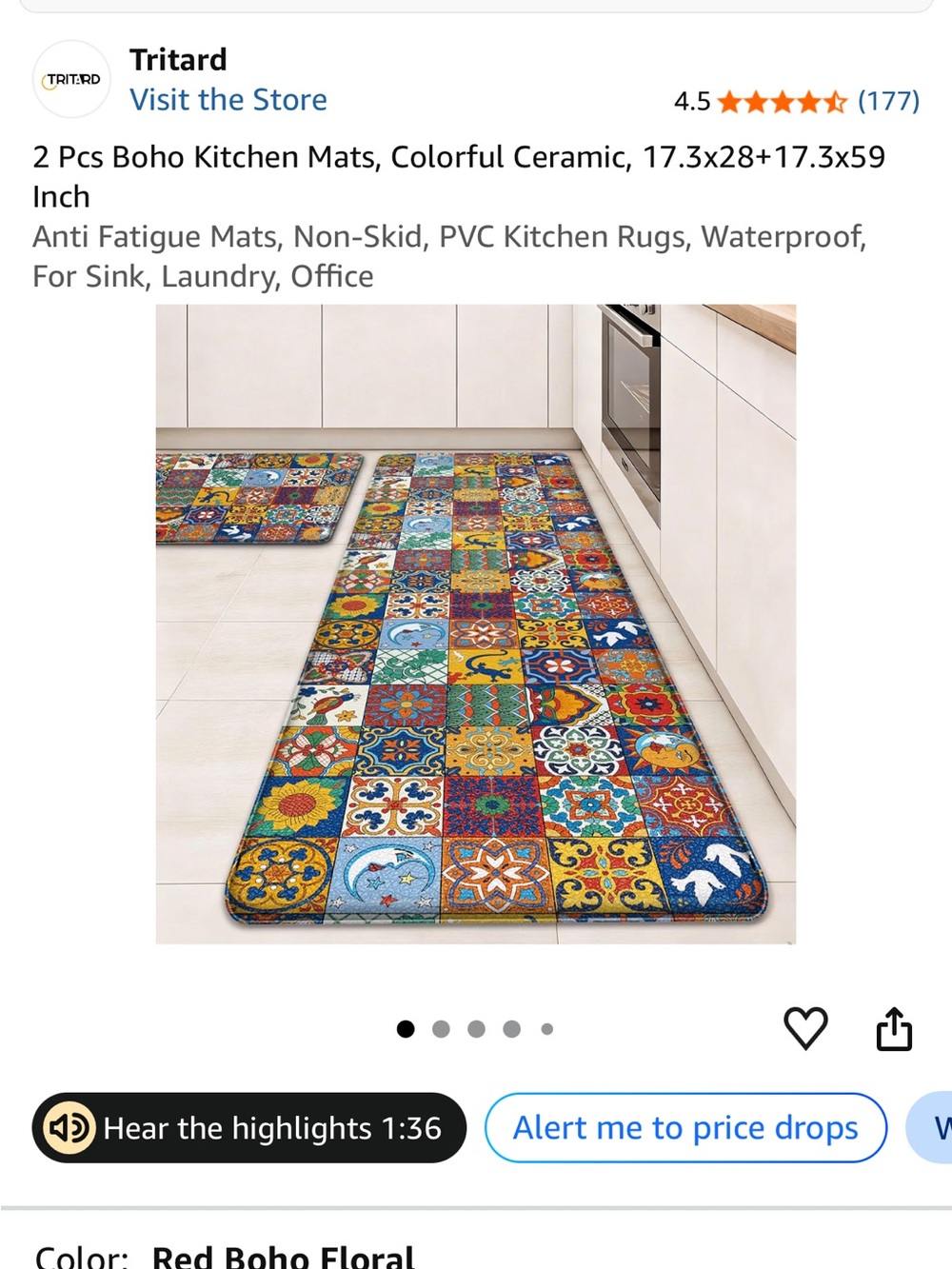 Red Boho Tile-Pattern Anti-Fatigue Door Mat